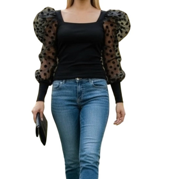 WHY DRESS Tops - # A145  Why Dress Black Ribbed Top with Sheer Polka Dot Puff Sleeves  NWT S